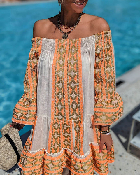 Fiesta - Ethnic Print Off Shoulder Loose Mini Dress - VibeSoothe