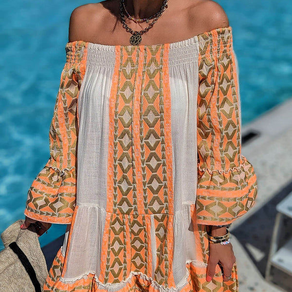 Fiesta - Ethnic Print Off Shoulder Loose Mini Dress - VibeSoothe