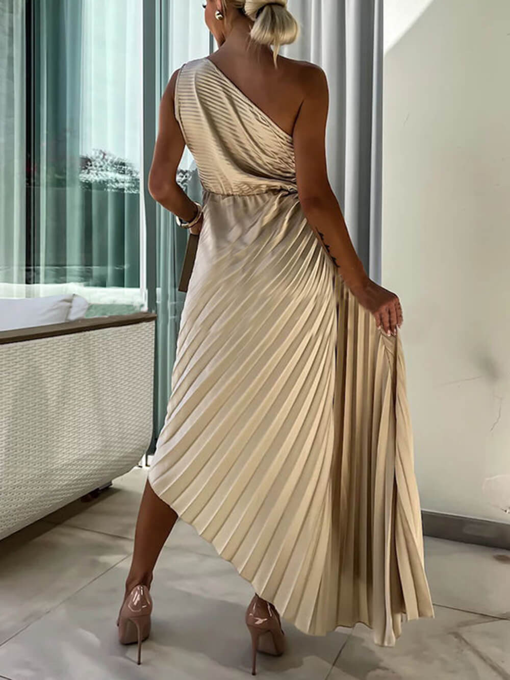 Golden-Sand One-Shoulder Dress - VibeSoothe