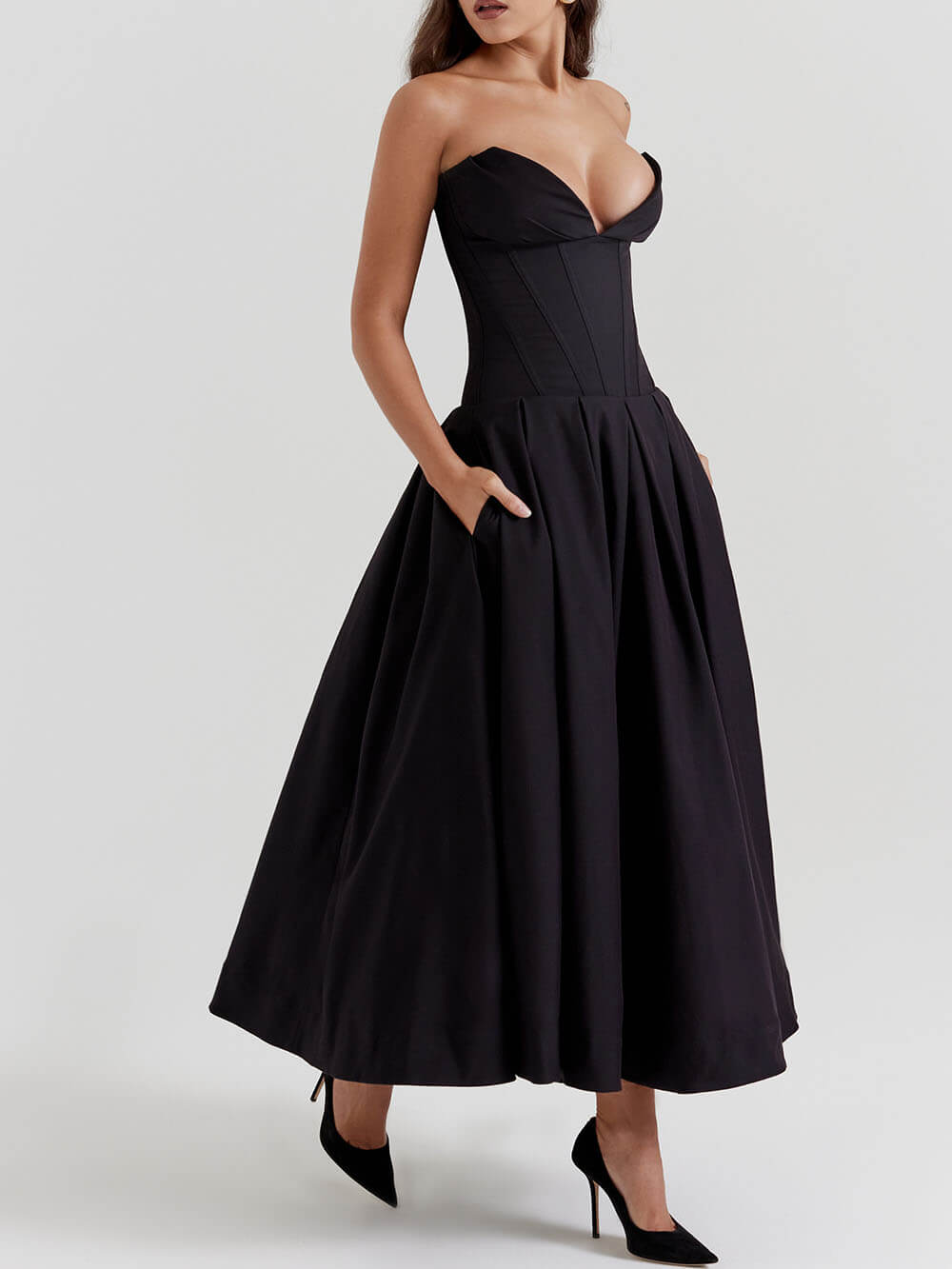 Elegance Defined - Black Strapless Midi Dress - VibeSoothe