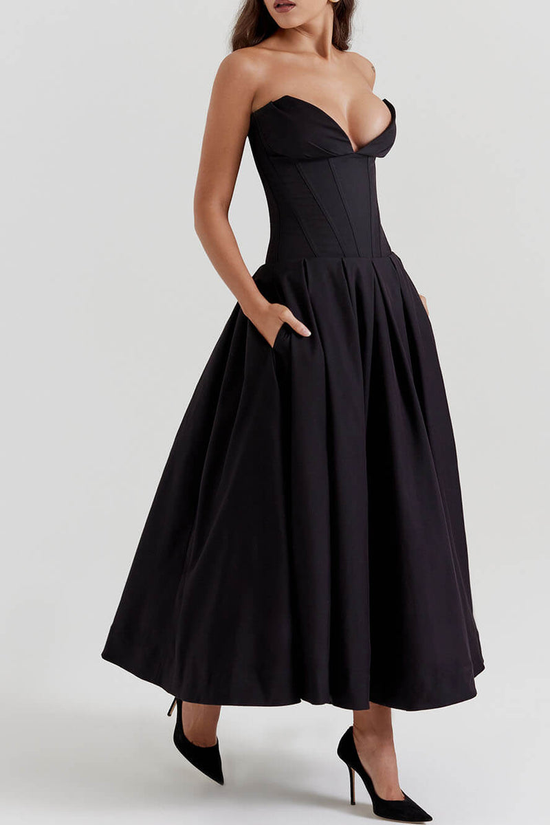 Elegance Defined - Black Strapless Midi Dress - VibeSoothe