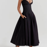 Elegance Defined - Black Strapless Midi Dress - VibeSoothe