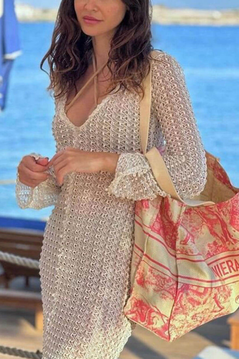 Bella-Beach V-Neck Crochet Maxi Dress - VibeSoothe