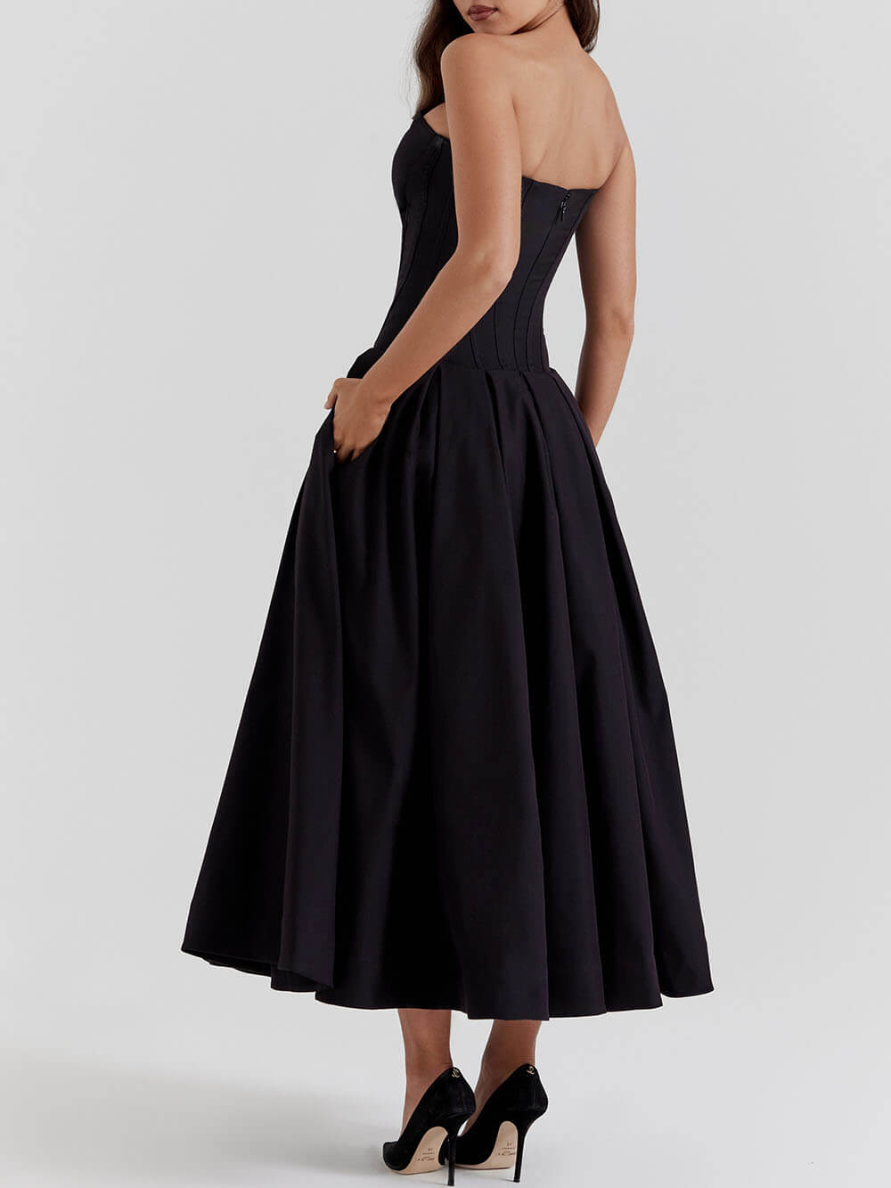 Elegance Defined - Black Strapless Midi Dress - VibeSoothe