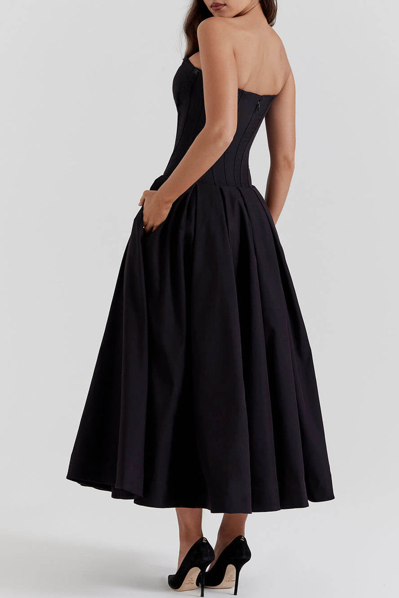 Elegance Defined - Black Strapless Midi Dress - VibeSoothe