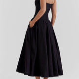 Elegance Defined - Black Strapless Midi Dress - VibeSoothe