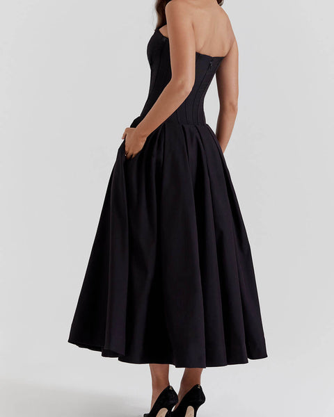 Elegance Defined - Black Strapless Midi Dress - VibeSoothe