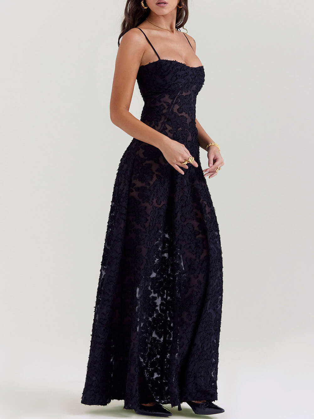 Midnight Bloom - Floral Lace Back Maxi Dress