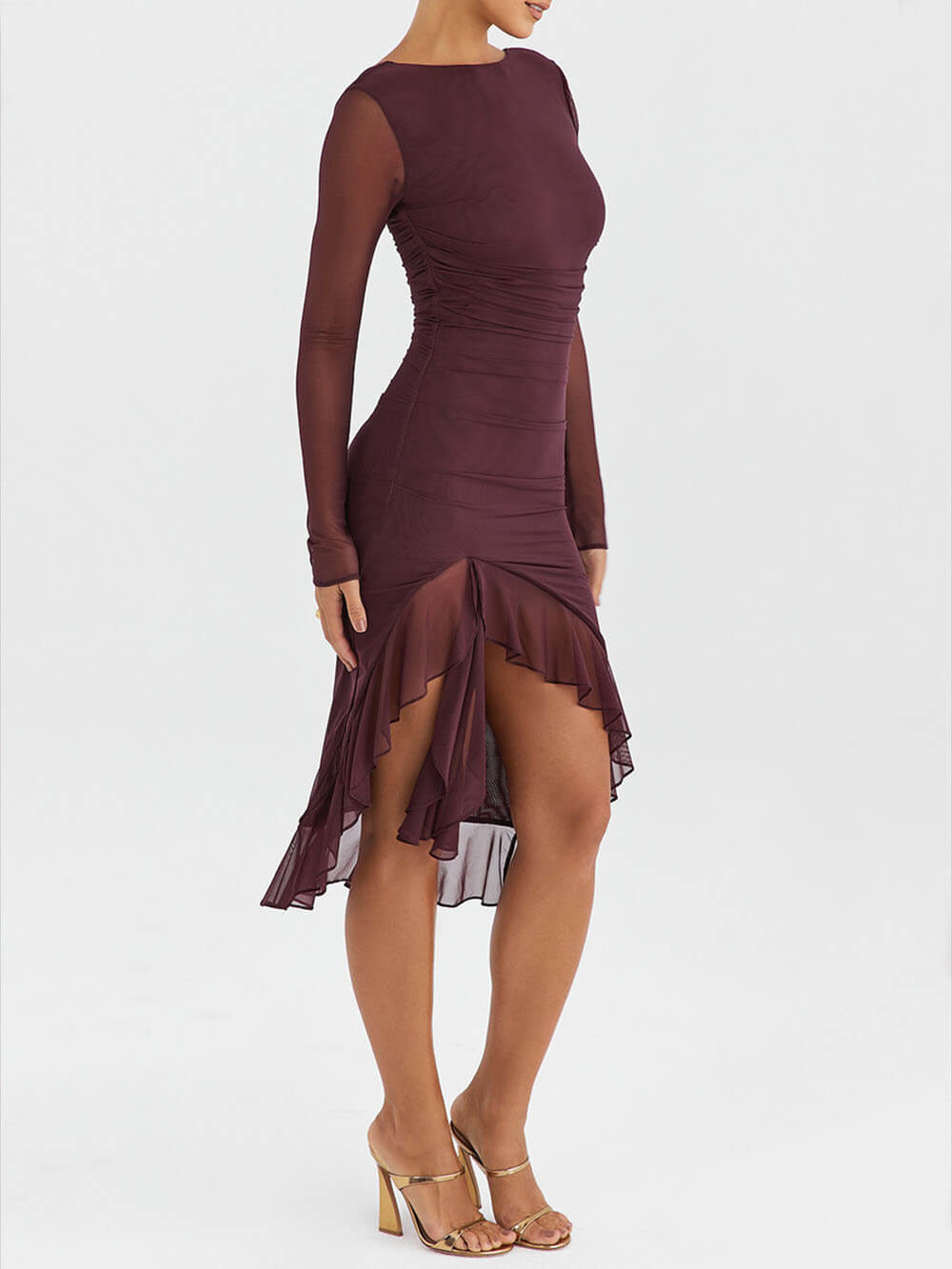 Burgundy-Muse Ruffle Midi Dress - VibeSoothe