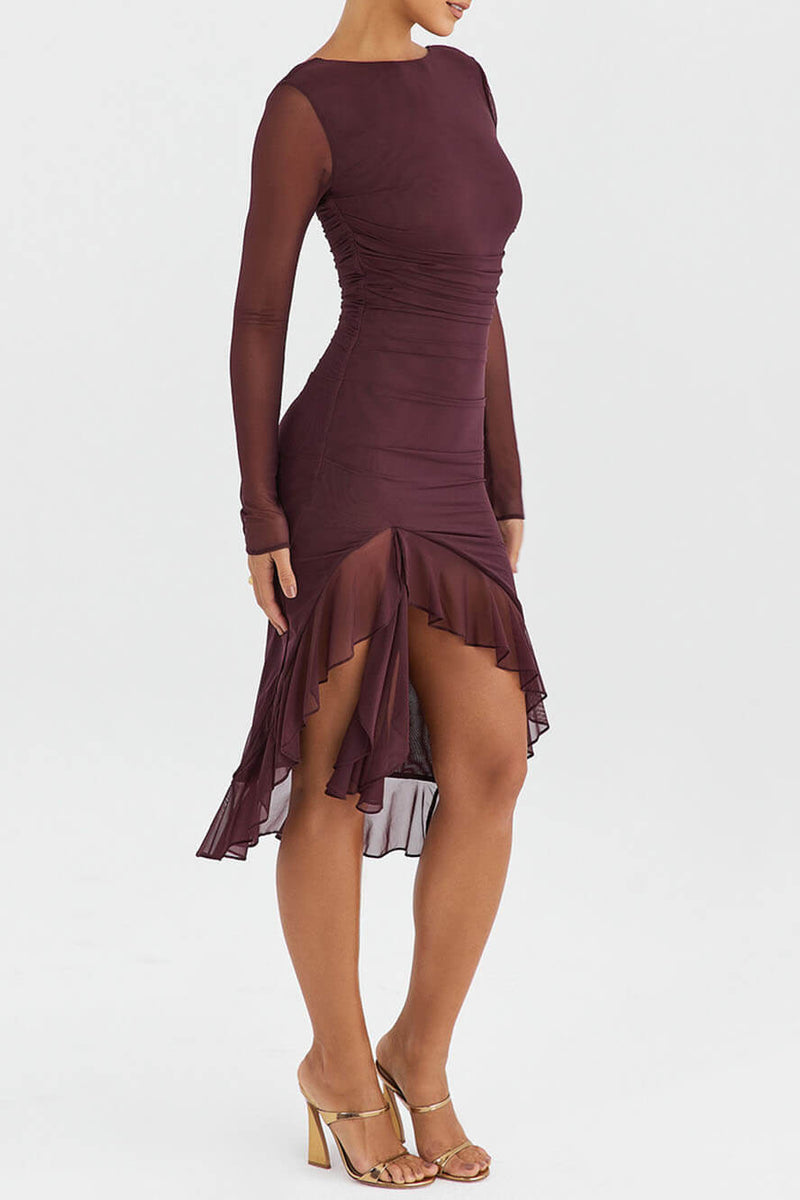 Burgundy-Muse Ruffle Midi Dress - VibeSoothe