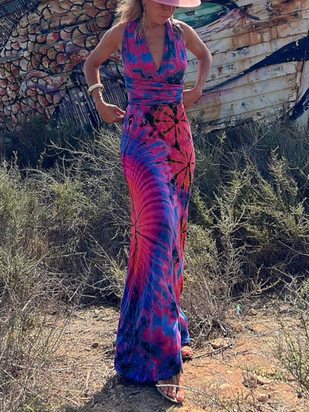 Aurora - Printed Sleeveless V-Neck Maxi Dress - VibeSoothe