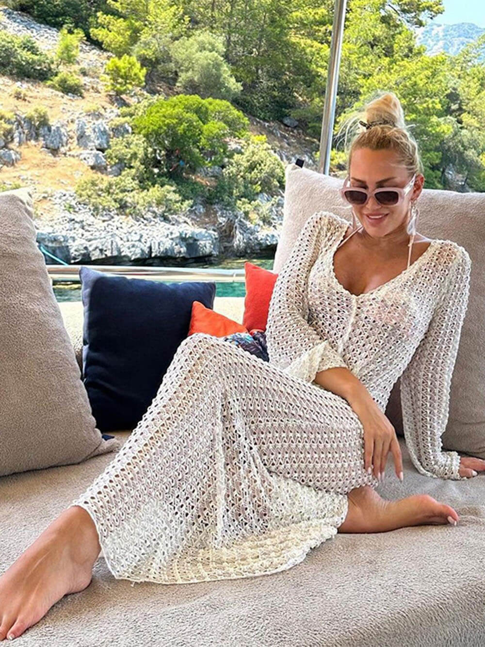 Bella-Beach V-Neck Crochet Maxi Dress - VibeSoothe