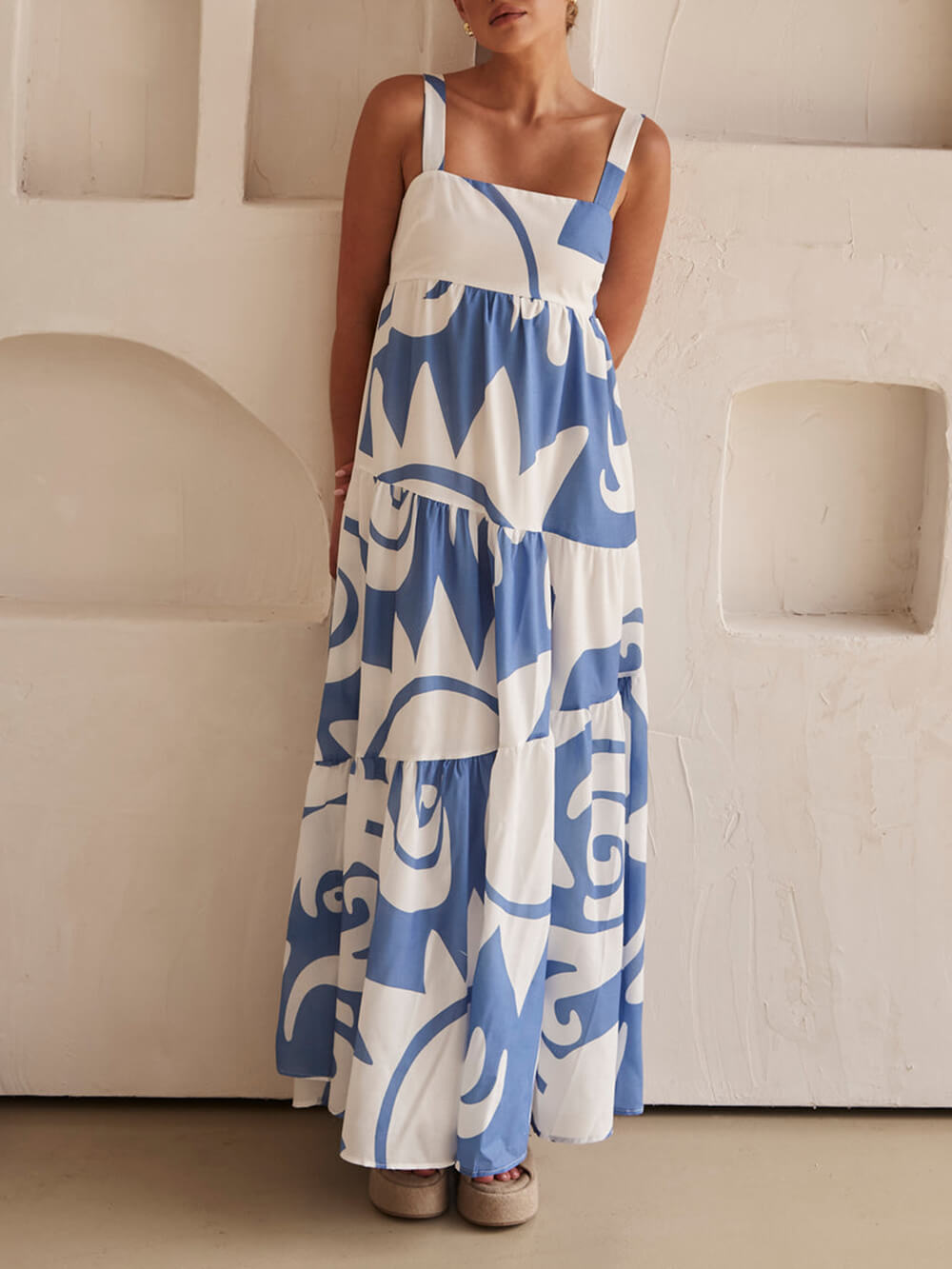 Azure Dream - Geometric Print Maxi Dress - VibeSoothe