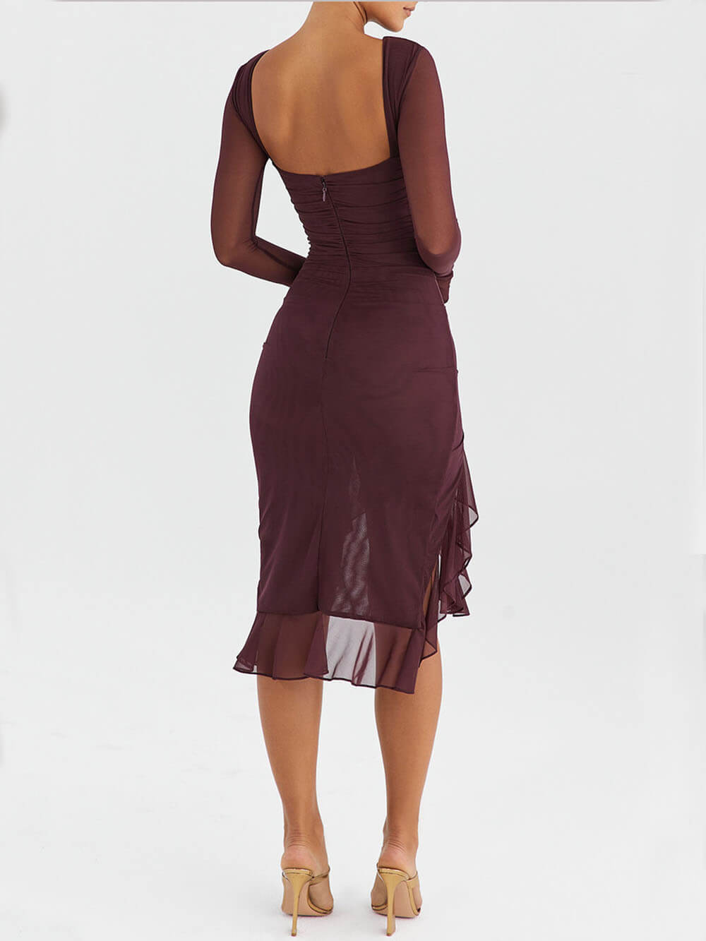 Burgundy-Muse Ruffle Midi Dress - VibeSoothe