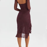 Burgundy-Muse Ruffle Midi Dress - VibeSoothe