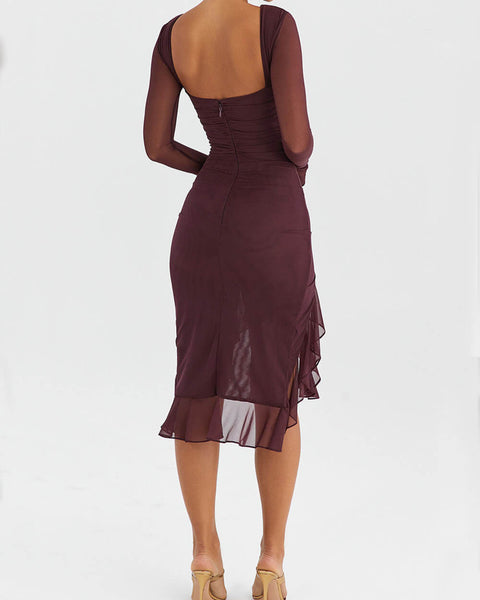 Burgundy-Muse Ruffle Midi Dress - VibeSoothe