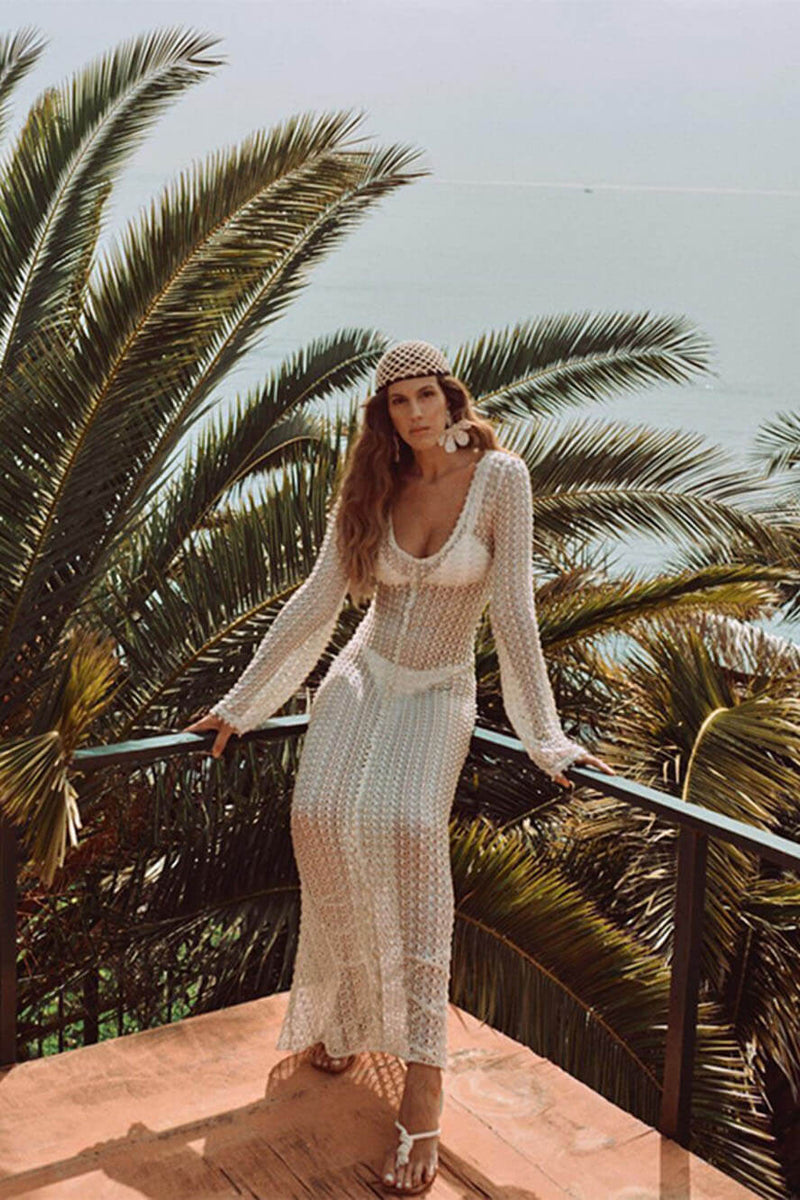 Bella-Beach V-Neck Crochet Maxi Dress - VibeSoothe