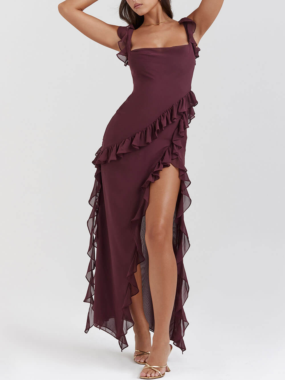 Iris - Ruffled Asymmetrical Maxi Dress - VibeSoothe