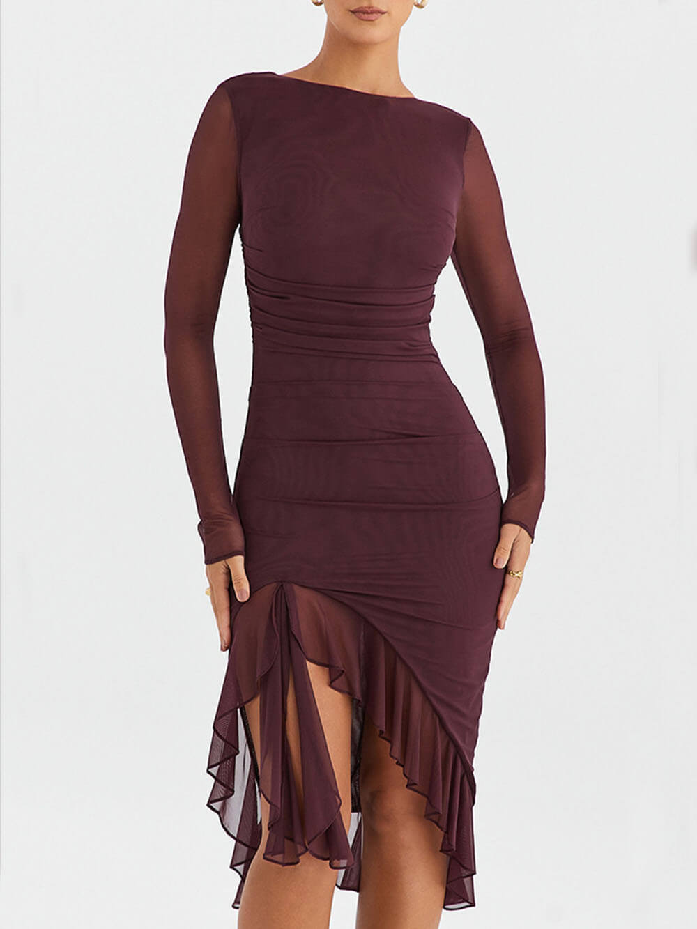 Burgundy-Muse Ruffle Midi Dress - VibeSoothe