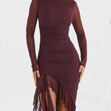 Burgundy-Muse Ruffle Midi Dress - VibeSoothe