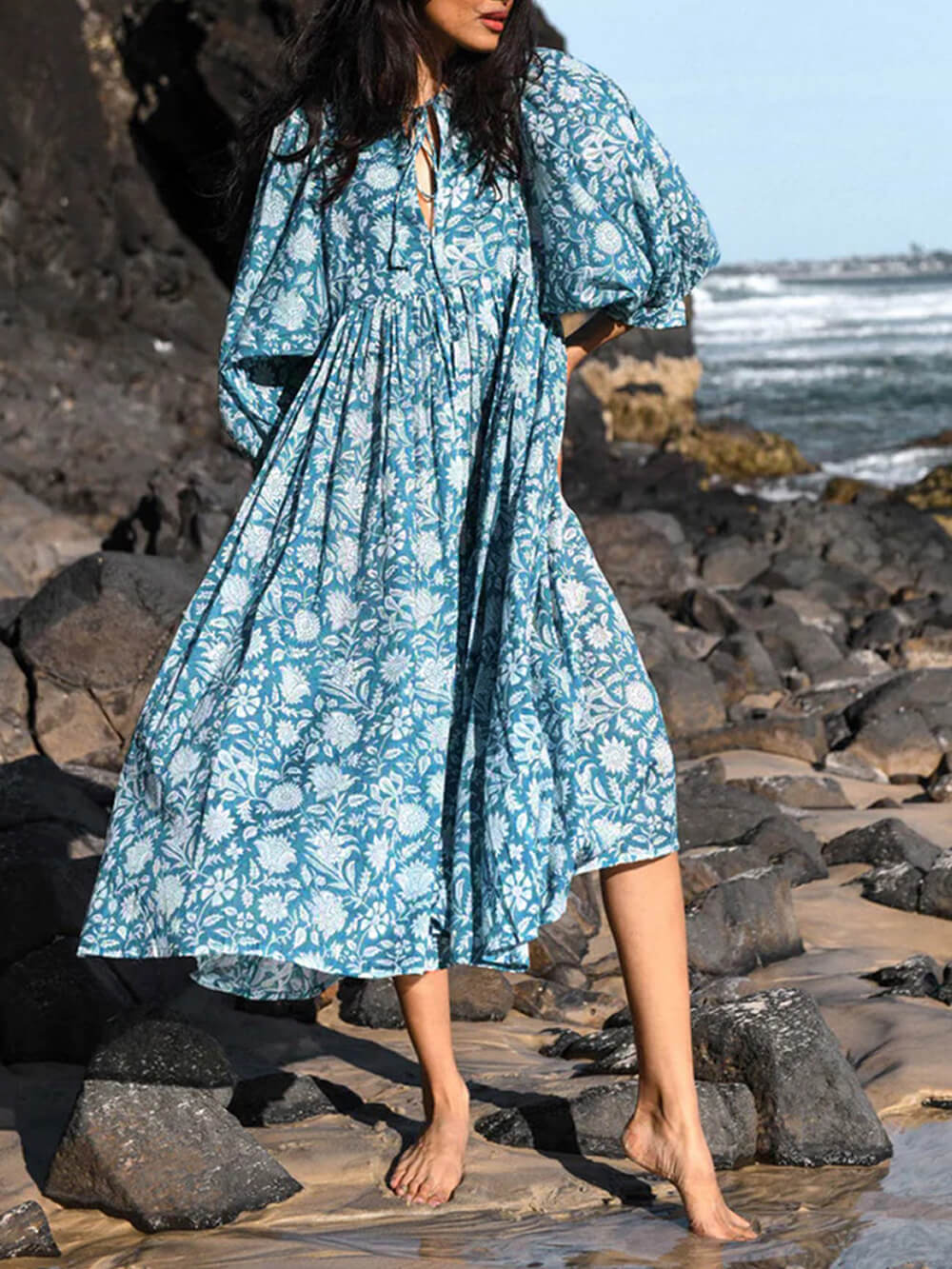 Azure Bloom - Floral Balloon Sleeve Midi Dress - VibeSoothe