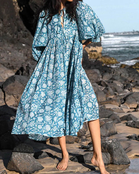 Azure Bloom - Floral Balloon Sleeve Midi Dress - VibeSoothe