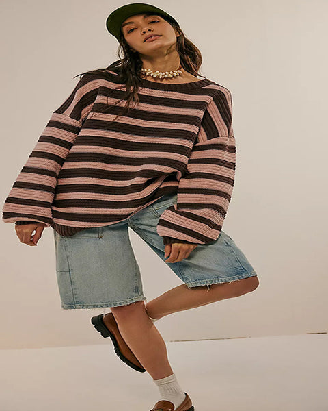 Printed Striped Long Sleeve Pullover Crew Neck Sweater