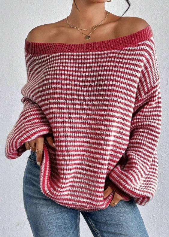 Women's Off-neck Shoulder-baring Sweater Contrast Color - VibeSoothe