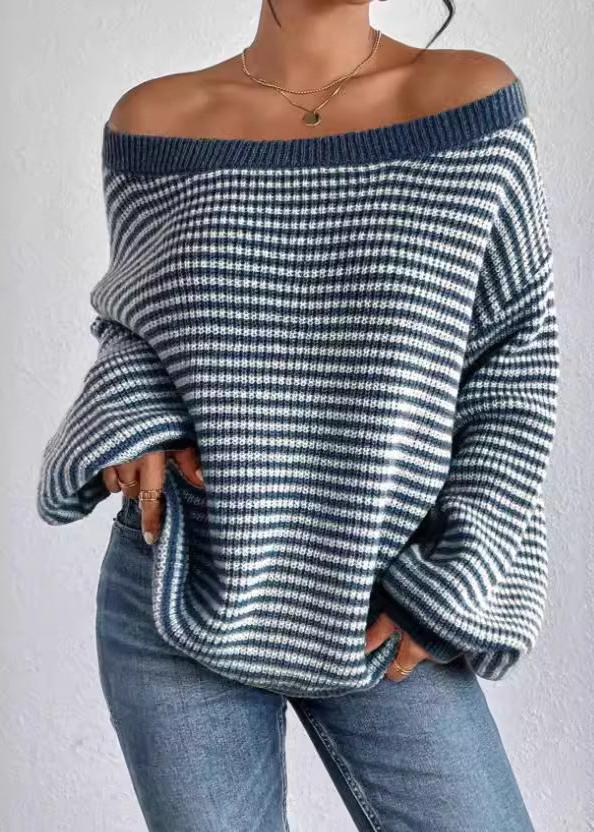 Women's Off-neck Shoulder-baring Sweater Contrast Color - VibeSoothe