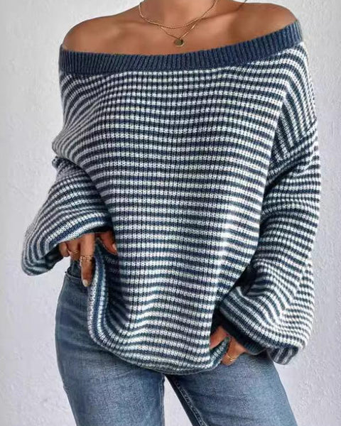 Women's Off-neck Shoulder-baring Sweater Contrast Color - VibeSoothe