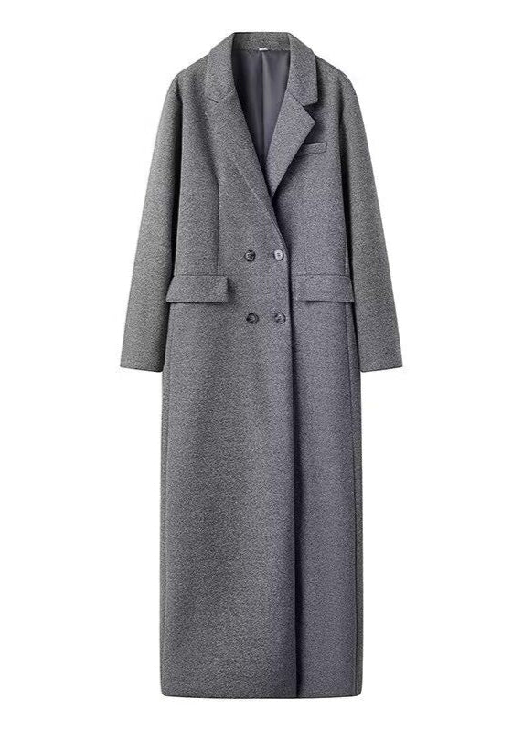 Double-Breasted Long Wool-Blend Coat – Gray