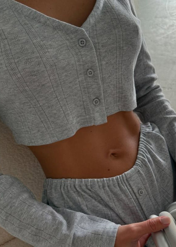 Heather Knit Button-Front Lounge Set - Long Sleeve Top & Elastic Waist Shorts