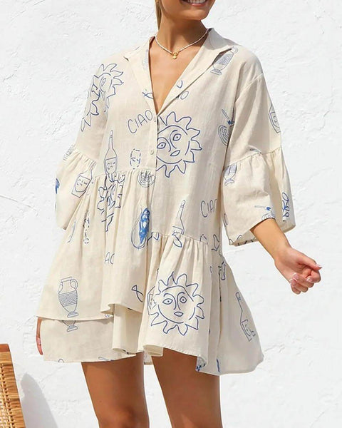 Sunny Siesta - Ethnic Style Loose Shirt Short Dress