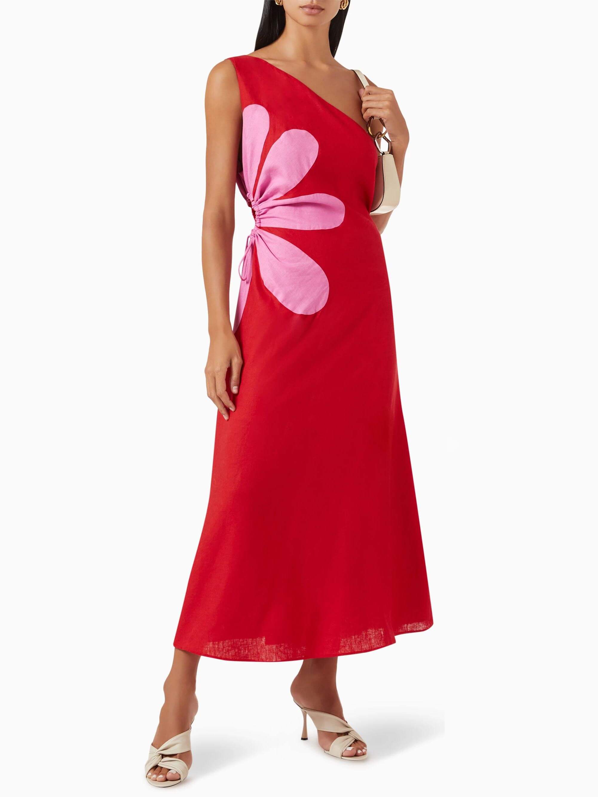 Poppy - Robe midi rouge à une épaule à imprimé floral