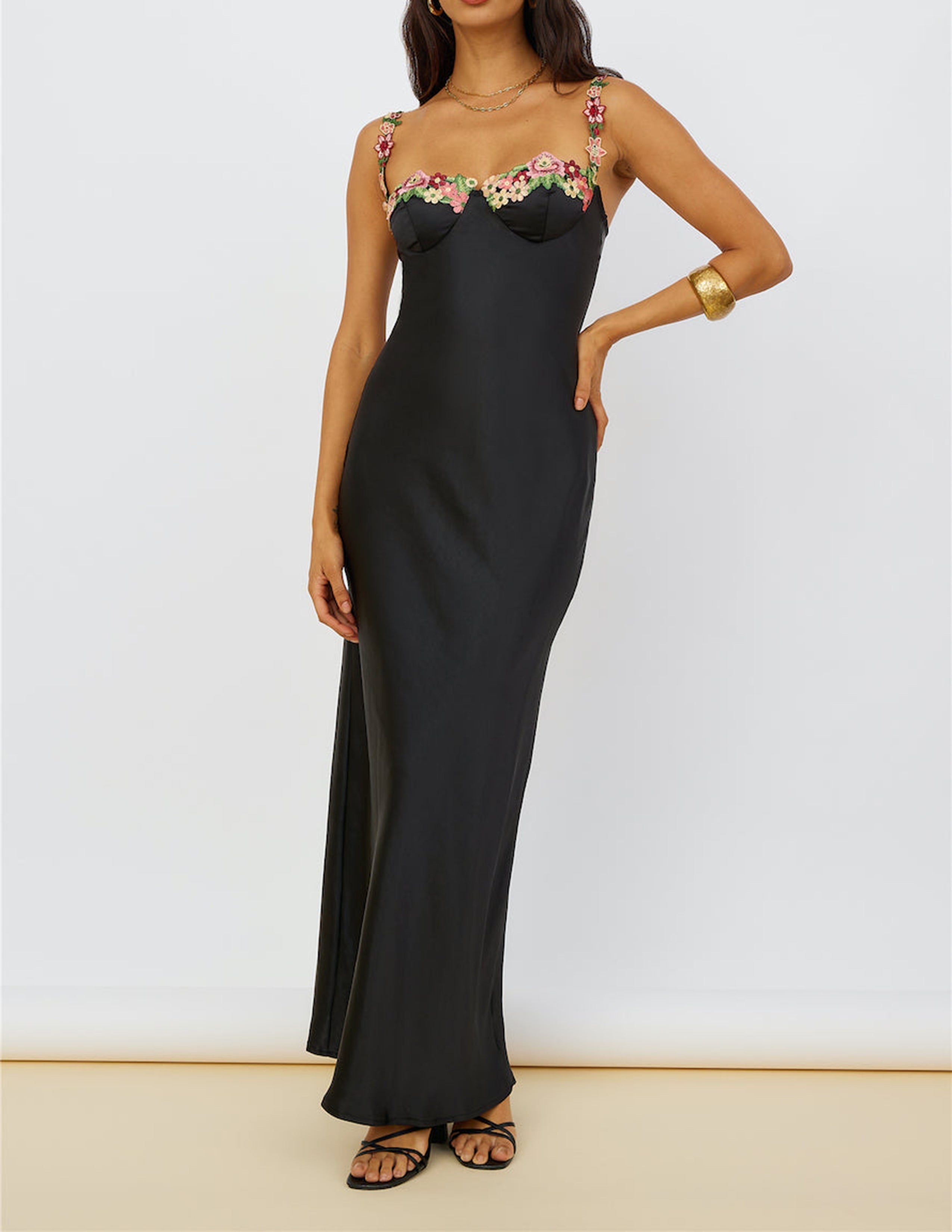 Juliette - Floral Embroidery Black Maxi Dress - VibeSoothe