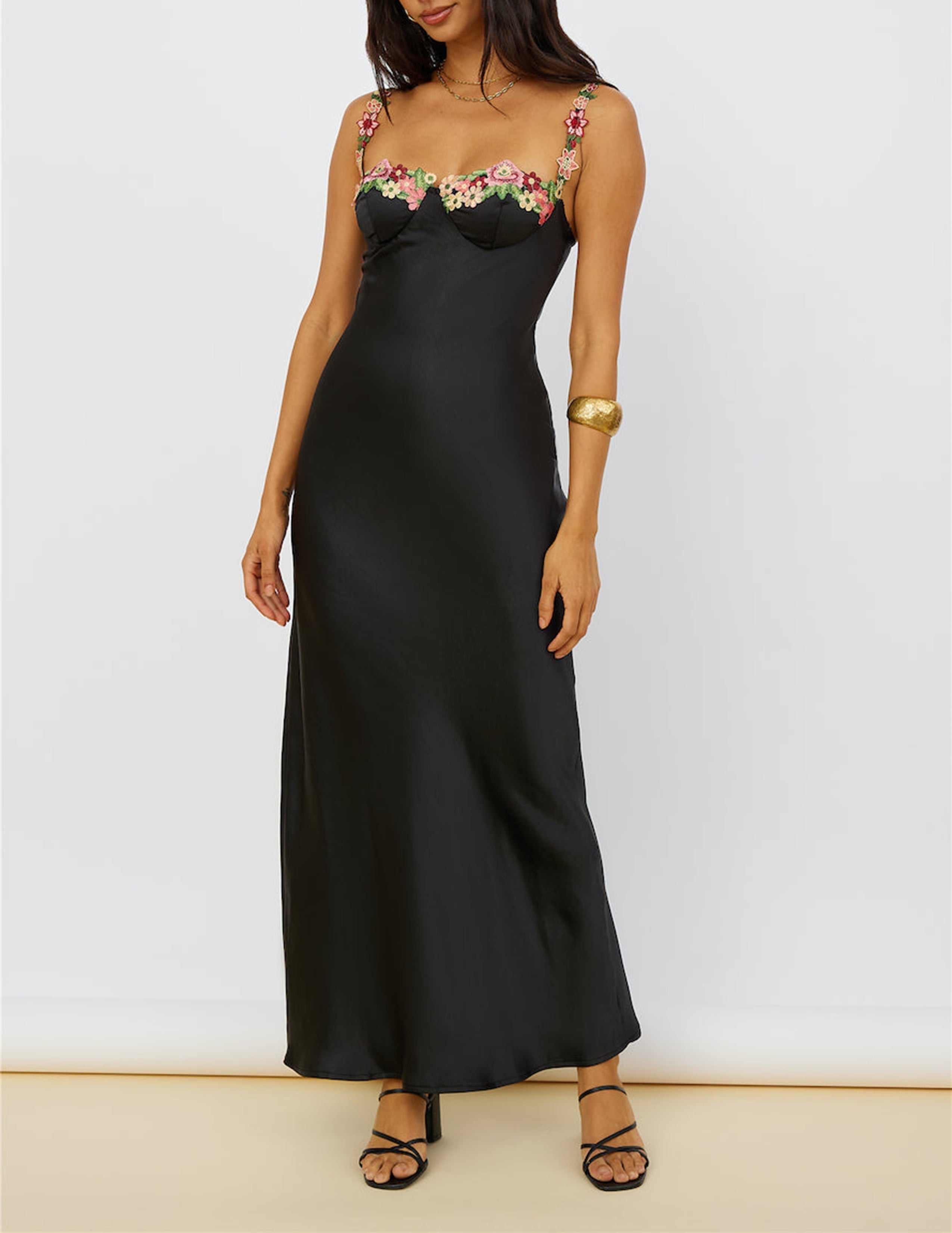 Juliette - Floral Embroidery Black Maxi Dress - VibeSoothe