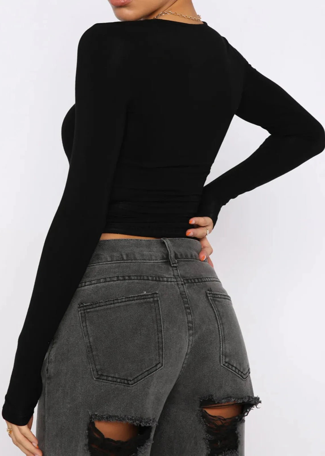 Slim-Fit Long-Sleeve Solid Black Top