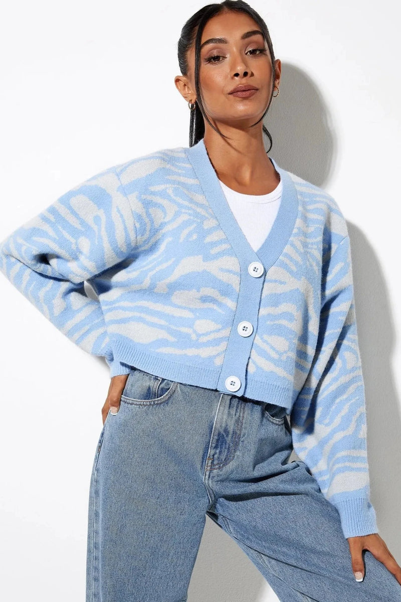 Sky Blue Zebra Print Knit Cardigan - Soft Button-Up Sweater