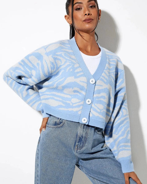 Sky Blue Zebra Print Knit Cardigan - Soft Button-Up Sweater