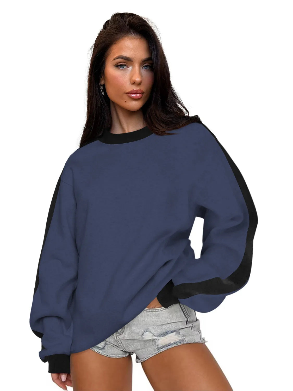 Contrast Color Round Neck Loose Sweater