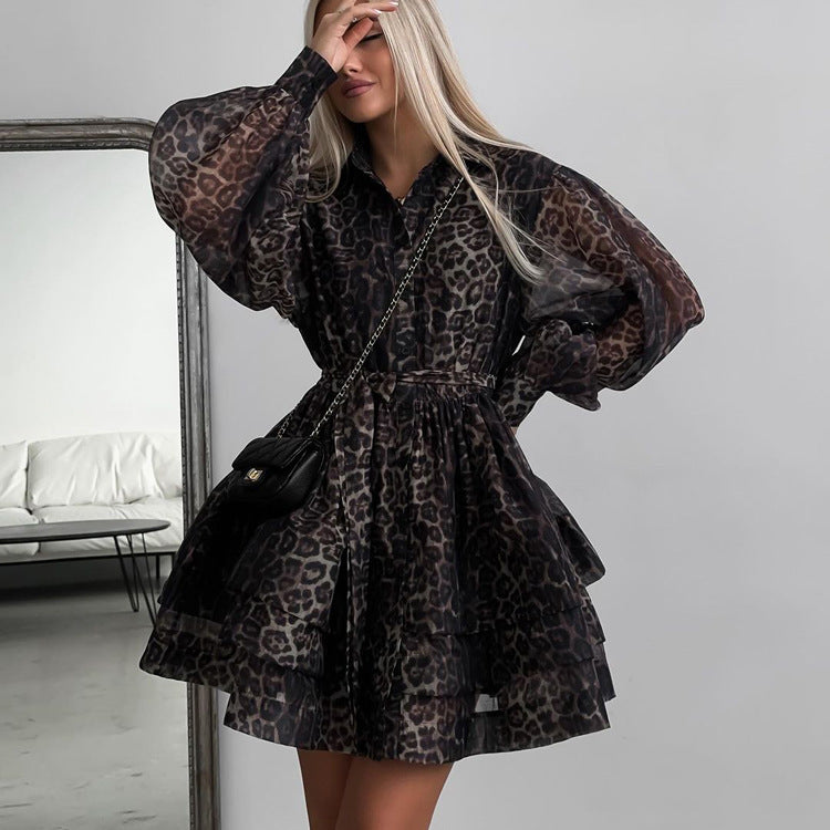 Chiffon Leopard Print Long Sleeve Dress