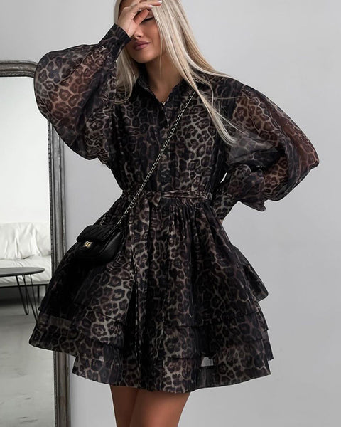 Chiffon Leopard Print Long Sleeve Dress