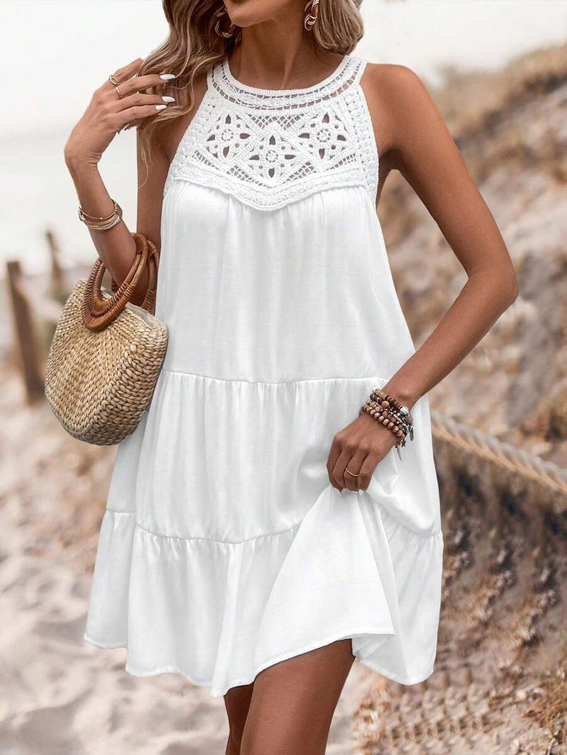 Amelia - Boho White Lace Mini Dress - VibeSoothe