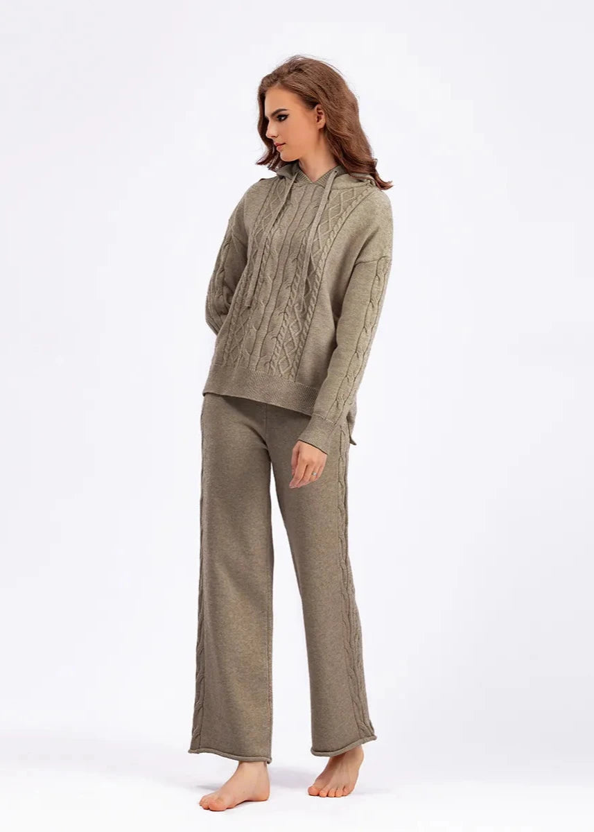 Cozy Cable Knit Hooded Sweater & Pants Set