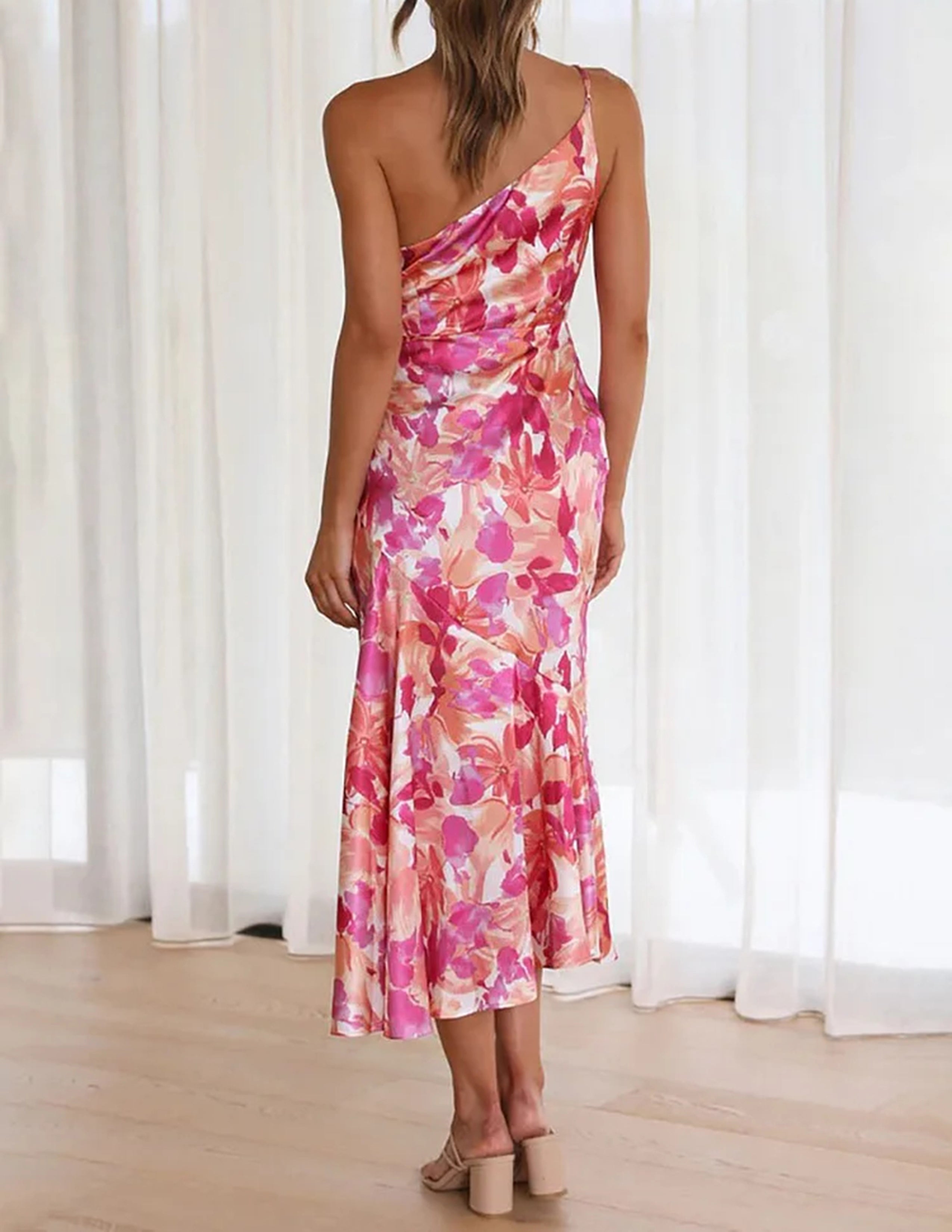 Azalea - Pink Floral One Shoulder Ruched Satin Dress - VibeSoothe