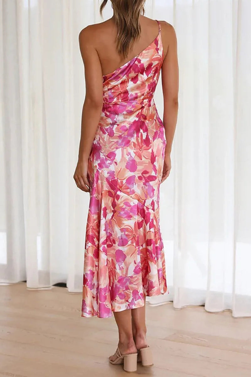 Azalea - Pink Floral One Shoulder Ruched Satin Dress - VibeSoothe