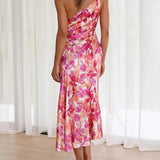 Azalea - Pink Floral One Shoulder Ruched Satin Dress - VibeSoothe