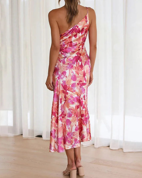 Azalea - Pink Floral One Shoulder Ruched Satin Dress - VibeSoothe