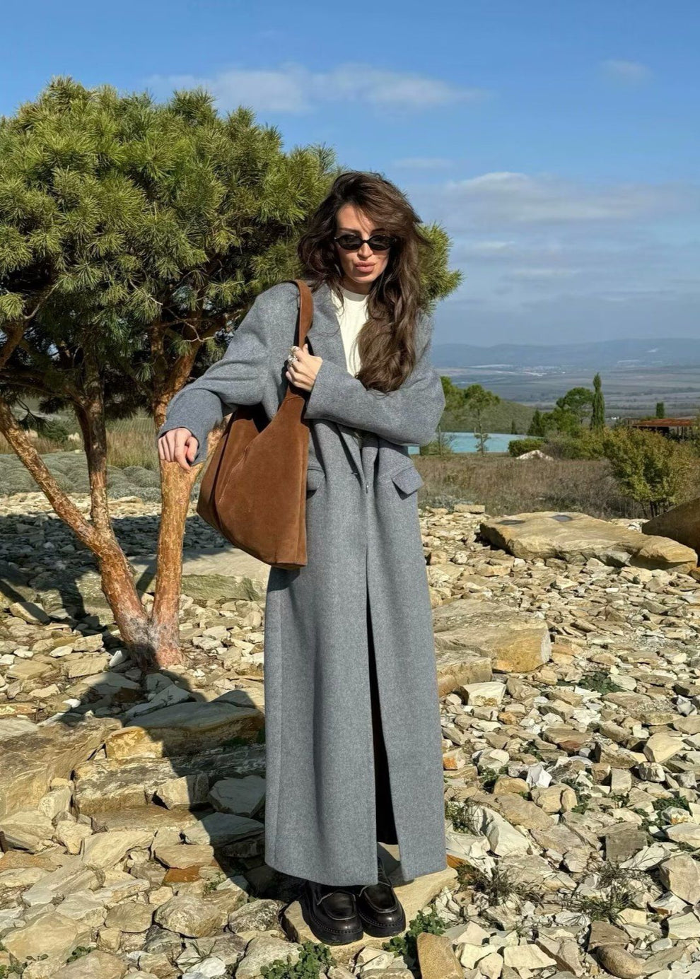 Double-Breasted Long Wool-Blend Coat – Gray