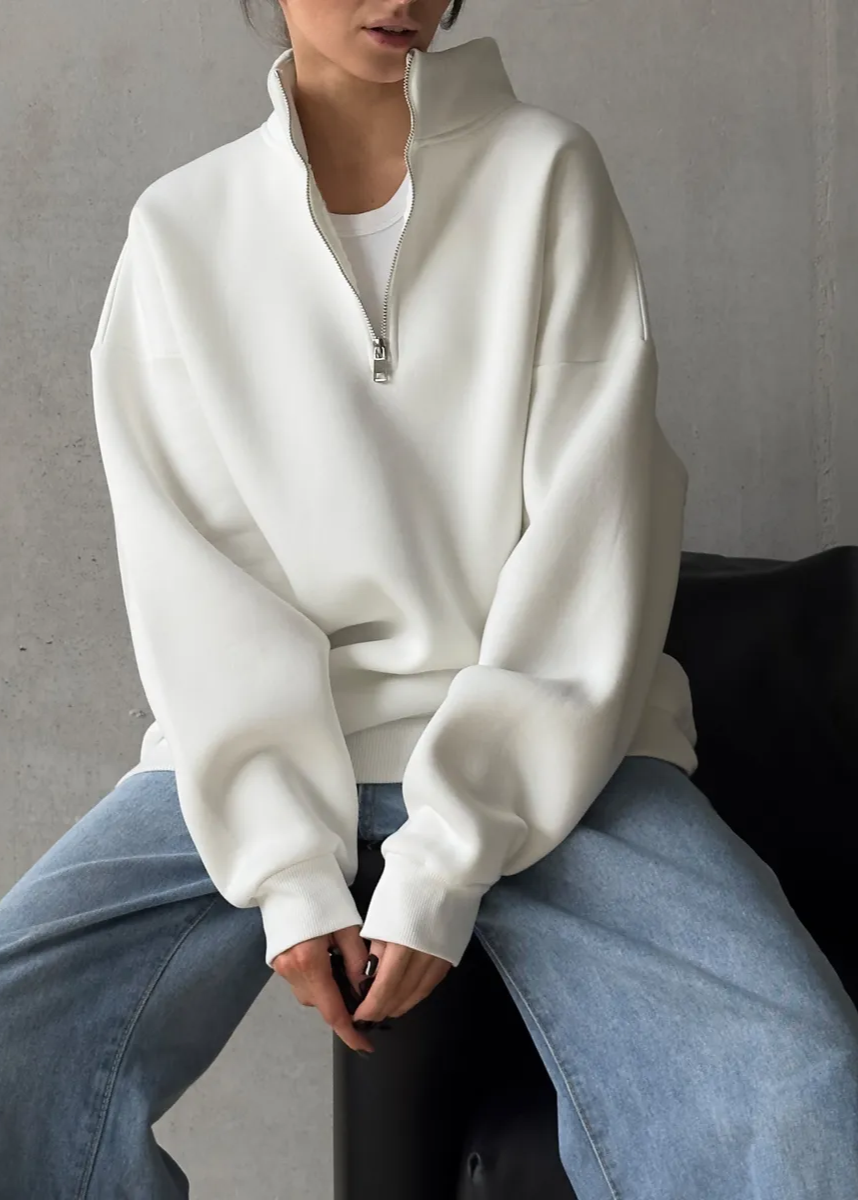 Ivory Drift - Oversized Half-Zip Fleece Pullover with Tall Collar